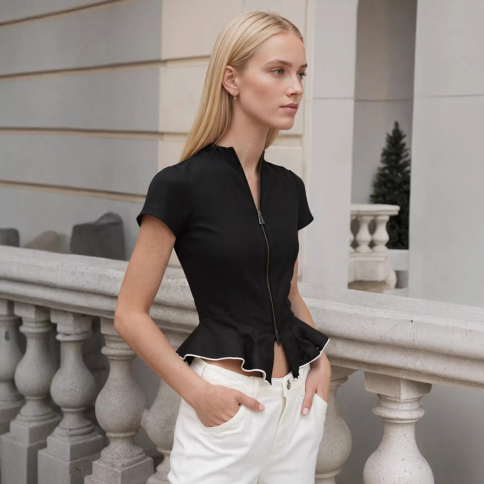 Women's Long Sleeved Cardigan Jacket European American Style Zipper Stand up Collar Threaded Spicy Girls Sli Design