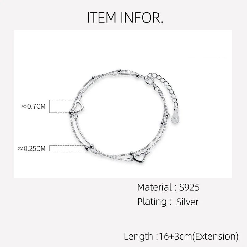 La Monada 16+3cm Layer Chain Bracelets For Women Silver 925 Jewelry Fine Heart 925 Sterling Silver Women\'s Bracelet Female