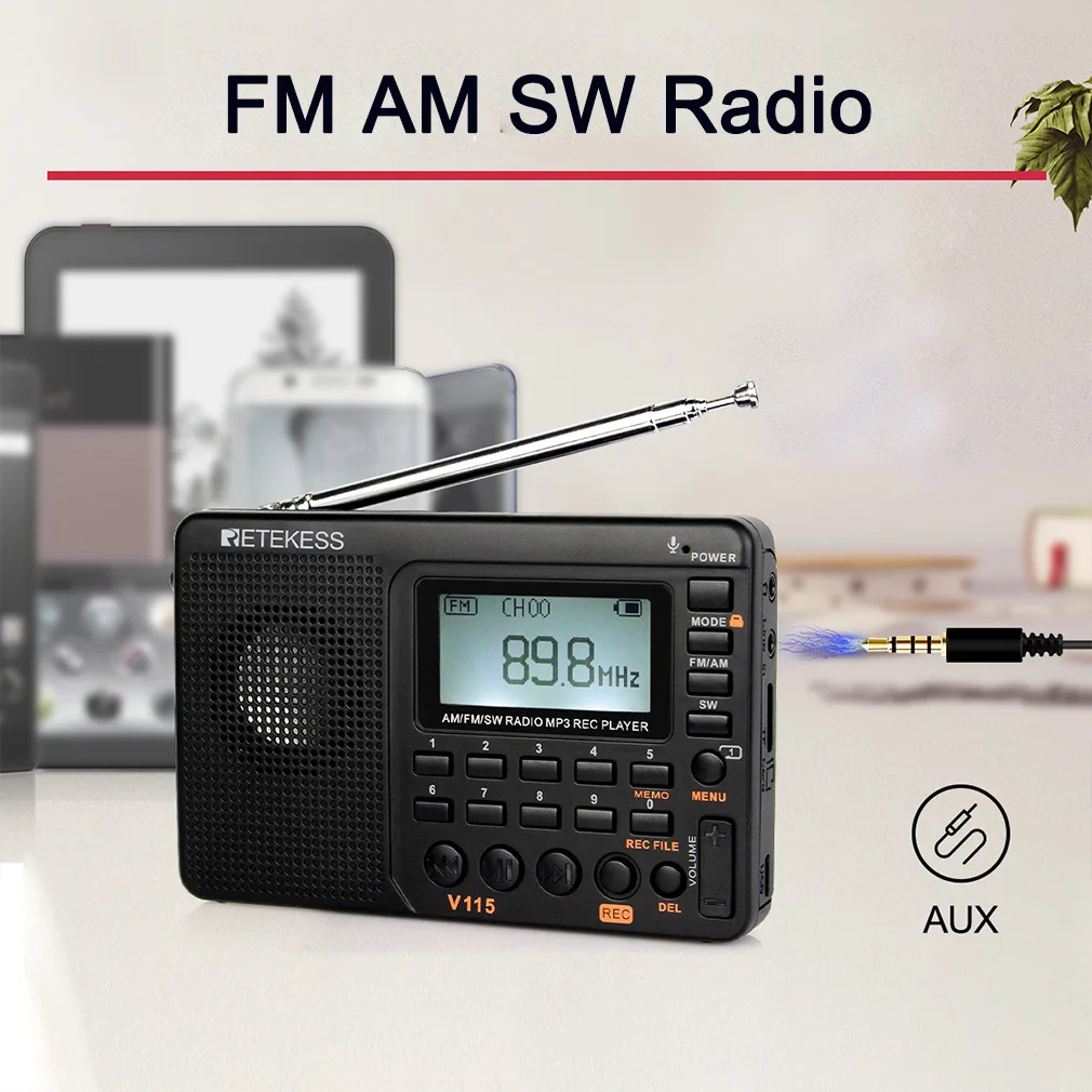 

Hot V115 Radio FM AM SW Radio Portable Rechargeable Radio Battery Powered Full Wave USB Recorder Speaker For Christmas Gift