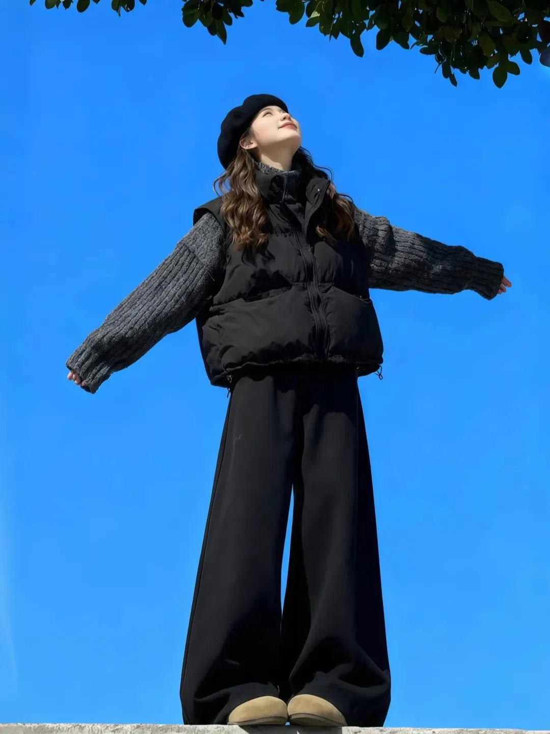 

Warm Cotton Vest Outerwear Wide Leg Pants Three Piece Set Women's Casual Ageless Fashion Bundle Winter Comfortable Outfit