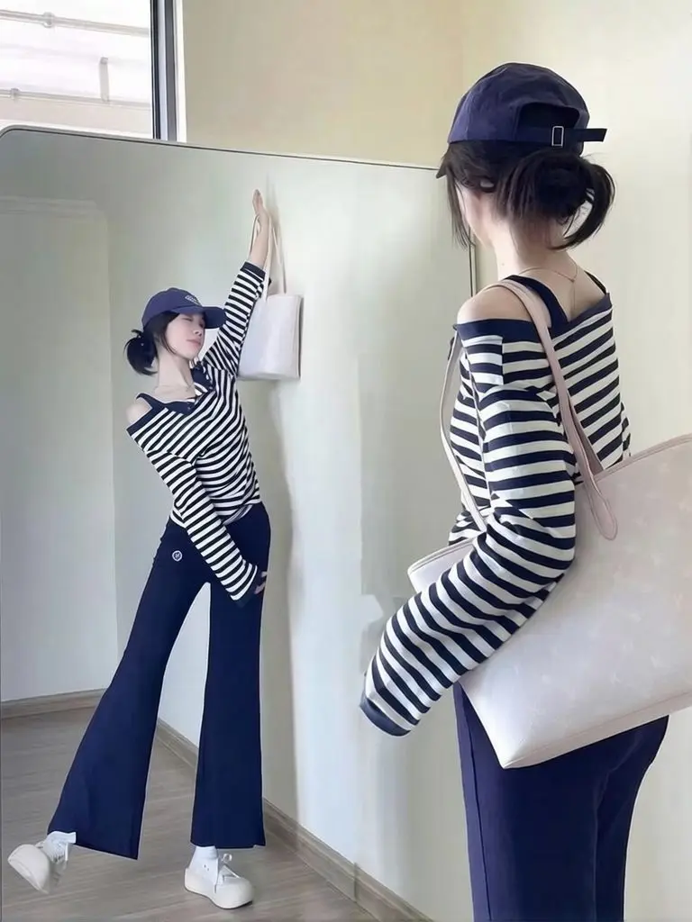 Sexy Striped Off Shoulder T Shirt Woman Navy Blue Turn Down Collar Basic Tees Loose Casual Long Sleeve Fall Spring Outwear Top