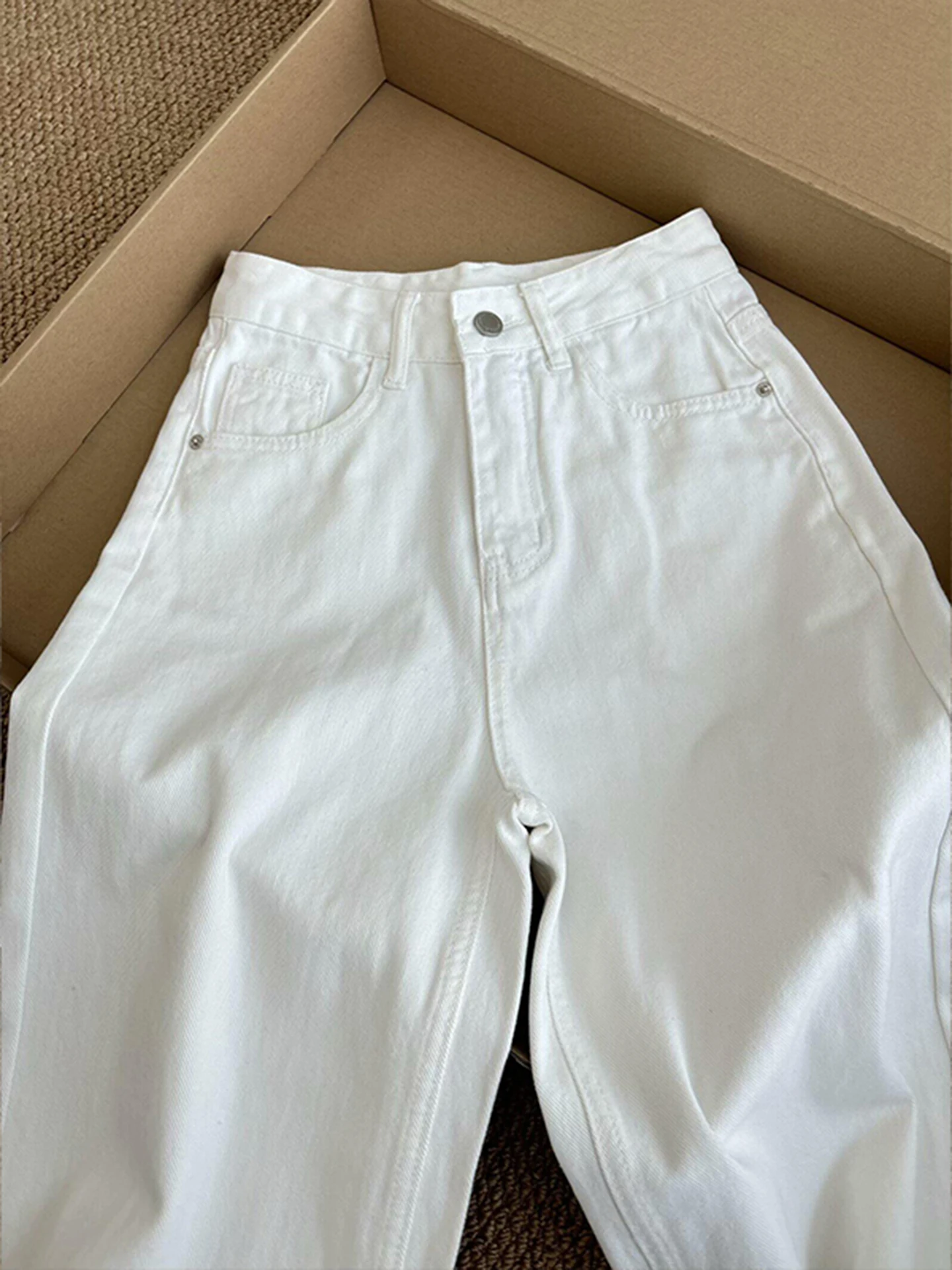 

White Pure Cotton Waed Denim Jeans Men's High Street Autumn Sle Straight Leg Trousers CleanFit Flared Casual Wear