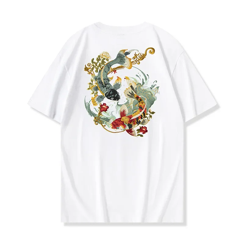 Fashion Vintage Cotton Tops Men Clothing 2024 Summer Chinese Style Exquisite Embroidery Koi Short Sleeved T-shirt Hip Hop TShirt