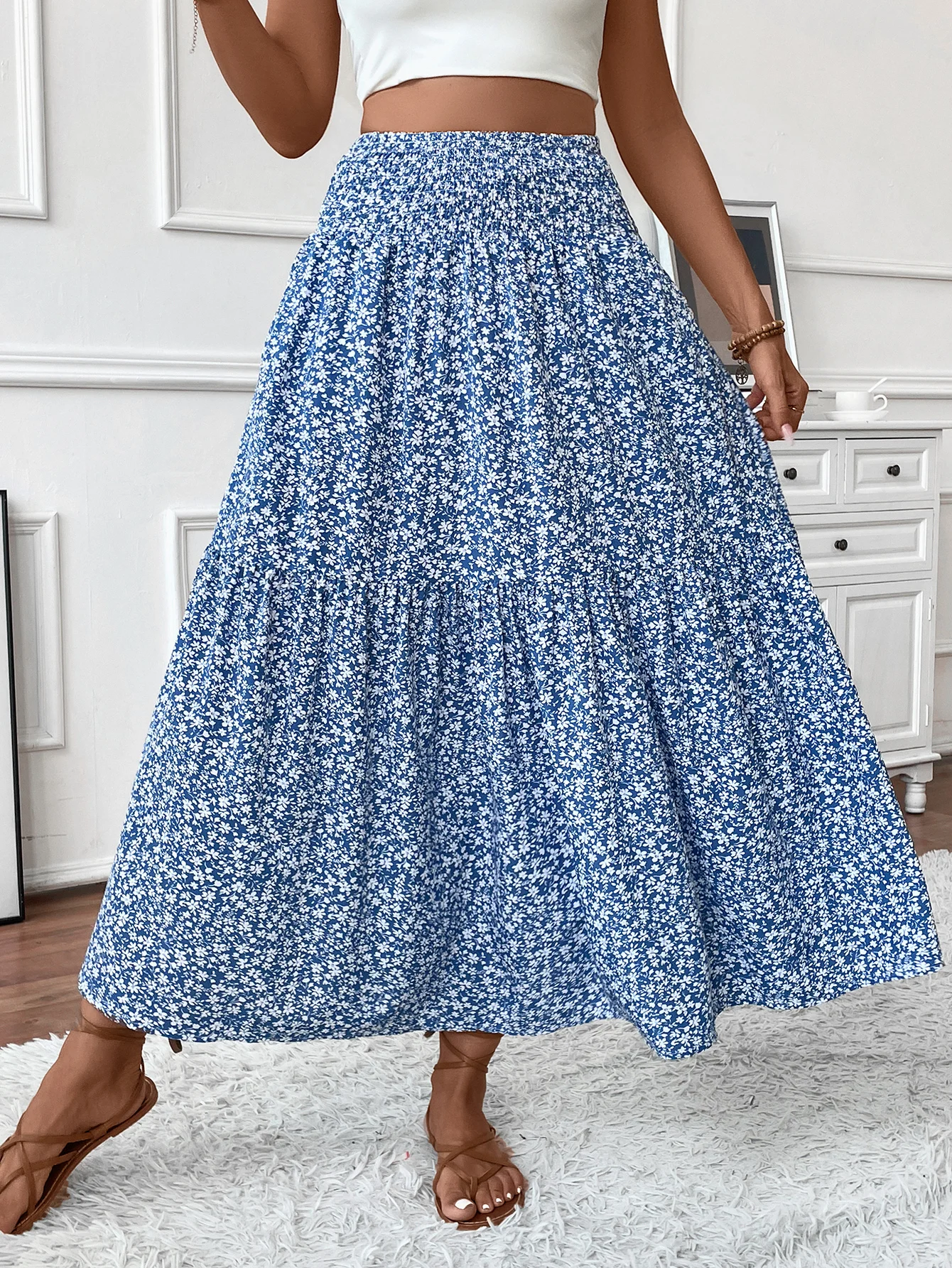 

Boho Maxi Skirt for Women Summer Floral Smocked High Waisted Skirts with Pockets Vacation A-Line Long Flowy Skirts