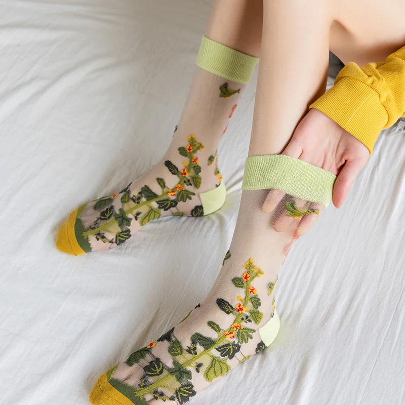 Women Transparent Socks Ladies Crystal Glass Silk Socks Summer Thin Flowers Birds Art Cat Animal Print Harajuku Long Mesh Socks