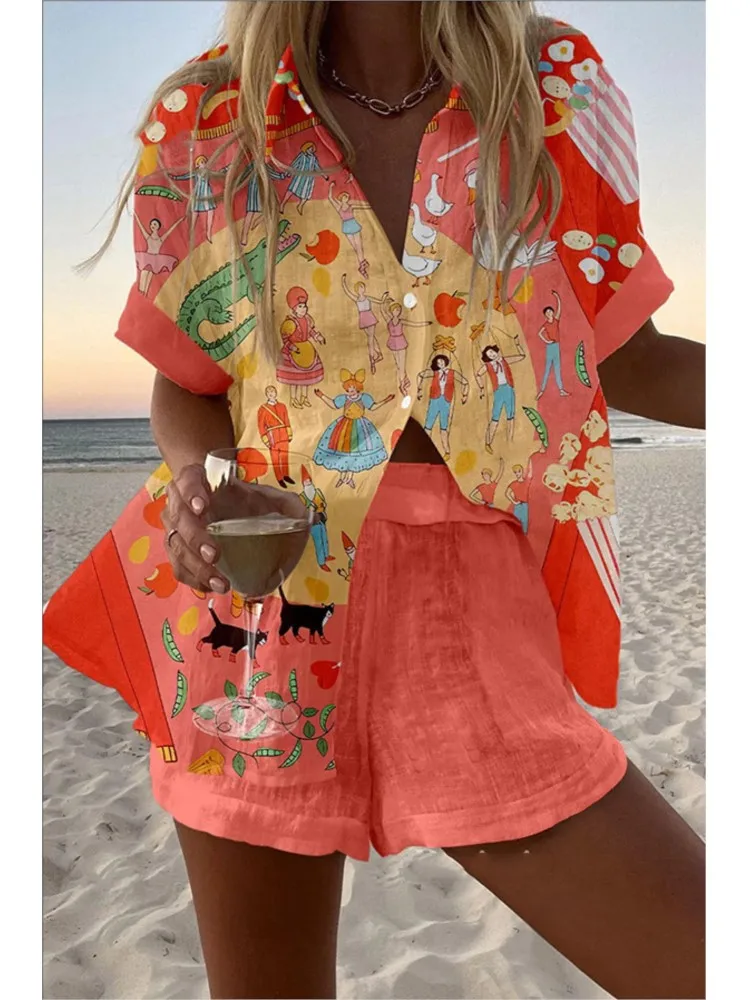 

Fashion Lapel Short-sleeved Single-breasted Shirt Top + Shorts 2-piece Set For Women Summer Elegant Printed Casual Suits Female