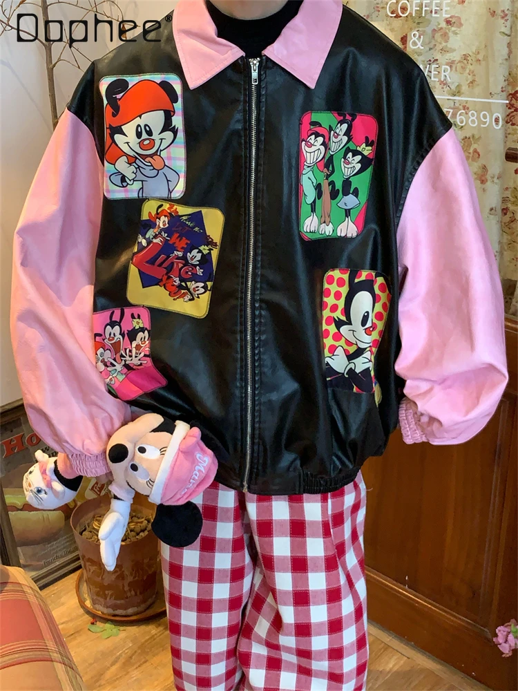 

Cartoon Sticker Embroidery Splicing Contrasting Color Leather Jacket Fashion Loose Coat Autumn New Sweet Contrasting Color Coat