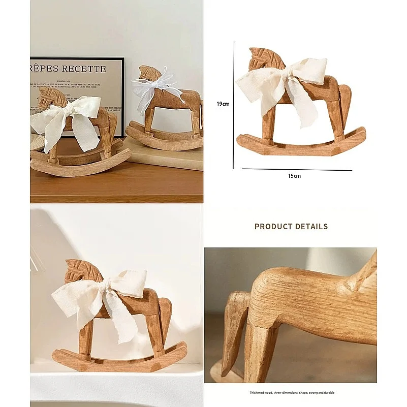 Heirloom Wooden Rocking Horse HandCarved Montessori Nursery Decor with Organic Cotton Bow FSC Oak Toy Non-Toxic Baby Shower Gift