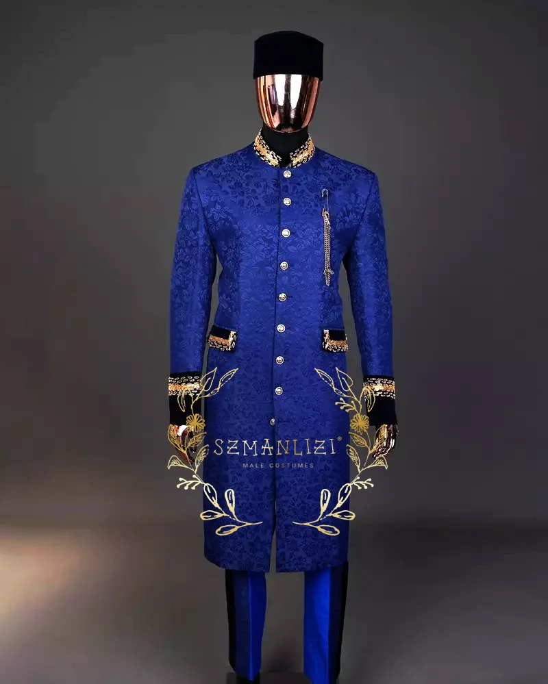 Luxury Royal Blue Jacquard Men's 2-piece Suit Set Formal Wedding Party Dress Groom Tuxedo Long Jacket Pant Costume Homme Outfit