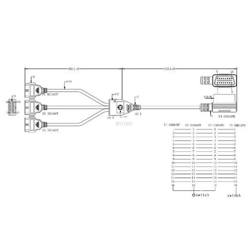 L Head 16 Pin OBD 1 To 3 Splitter Cable Wire Extension Cords Male To Triple Female Connector With Switch For Multiple OBD2 327