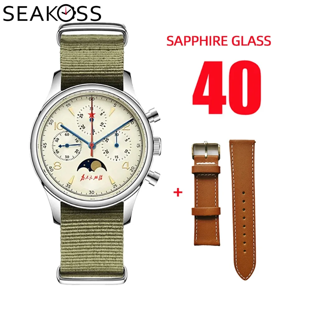 

SEAKOSS 40mm Pilot 1963 Chronograph Original Seagull ST1908 Movement Mechanical Watch Moon Phase Wristwatch Sapphire Nogooseneck