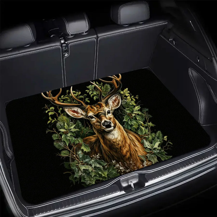 

Universal Car Trunk Mat Green Leaf Stag Deer Print Waterproof Non-Slip Rear Cargo Liner Fit Sedan CUV SUV Auto Decor Carpet