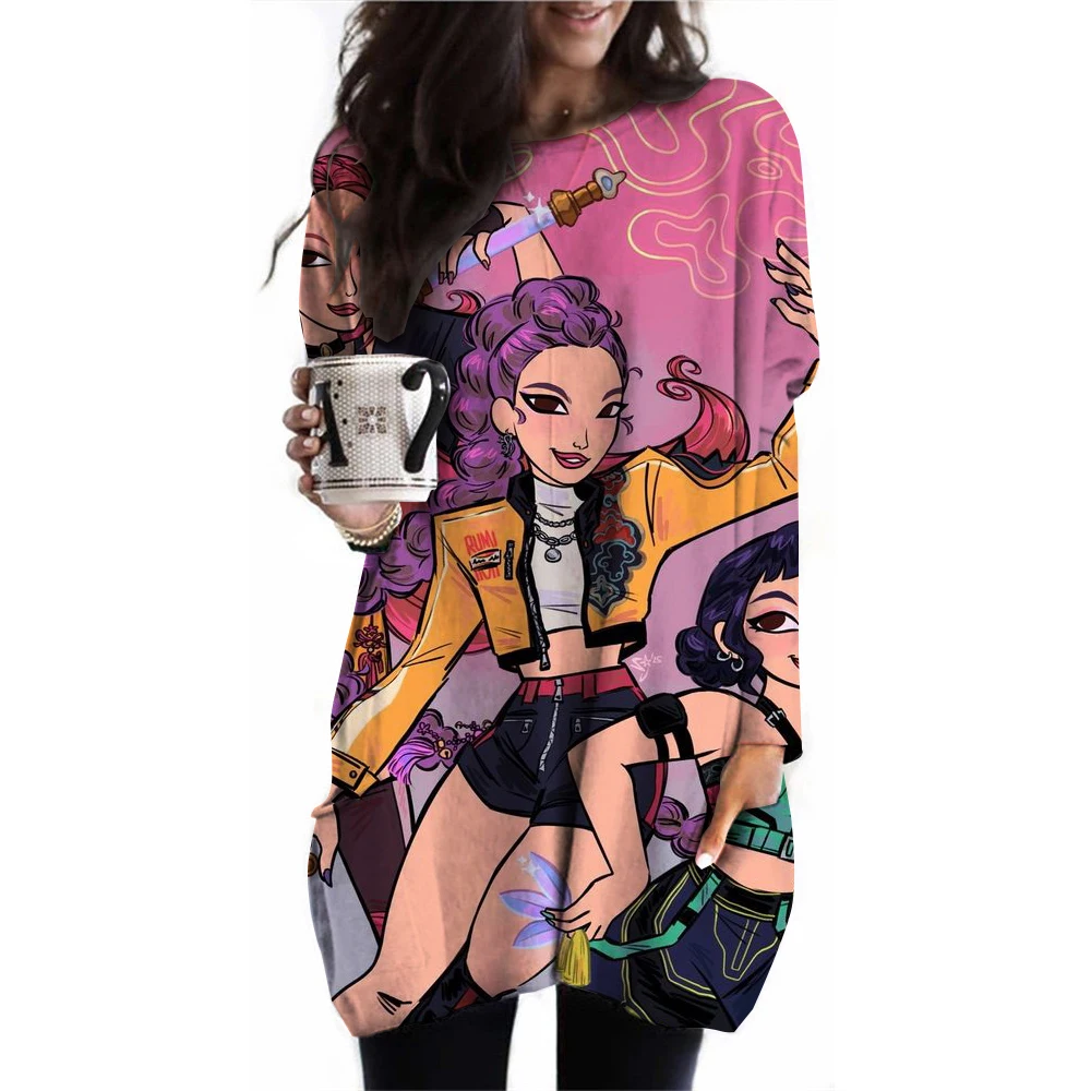 

Kawaii KPop Demon Hunters Женская длинная футболка с принтом Топ с длинными рукавами Повседневная футболка с карманами Дизайнерская одежда