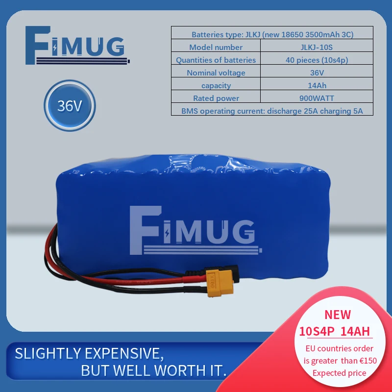 

FIMUG 10s4p 14 Ач литиевый аккумулятор высокой емкости 18650 с вилкой BMS XT60, перезаряжаемая батарея 18650, 100% оригинал, 36 В