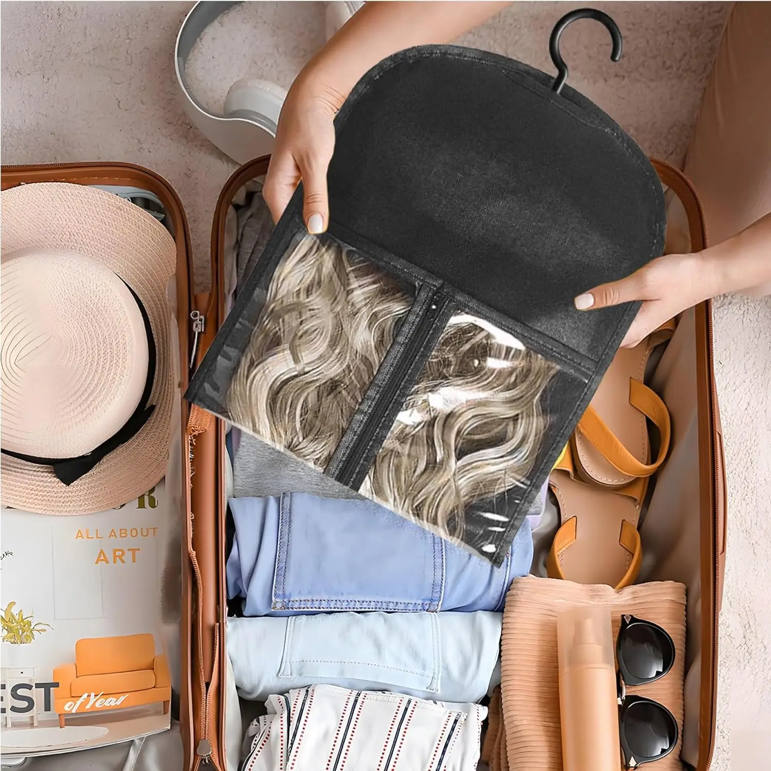 2-Pack Wig Storage Bags with Transparent Window and 2 Hooks - Durable Zippered Hair Extension Holders