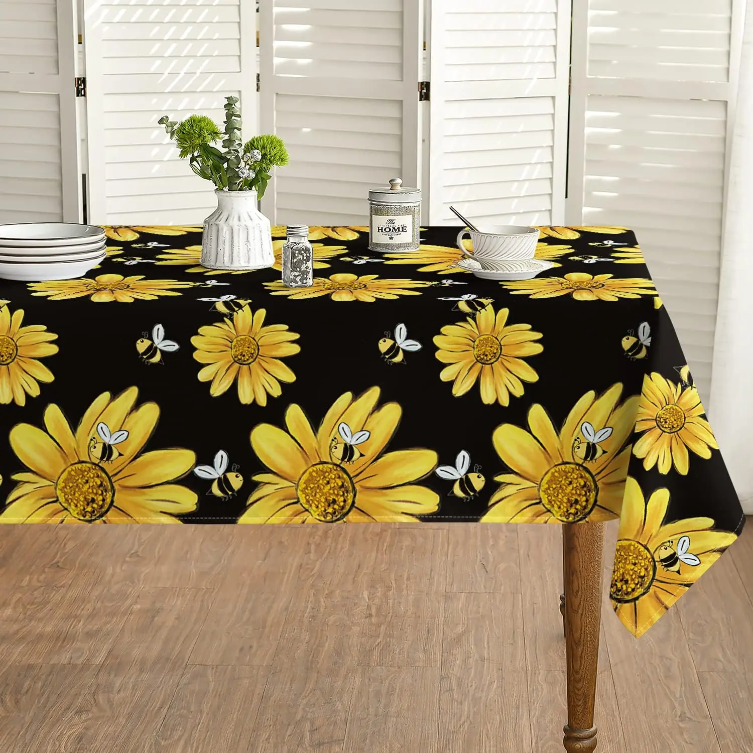 Spring Yellow Sunflower Printed Tablecloths Bumble Bee White Washable Table Cover for Kitchen Table Decor Wedding Party Decor