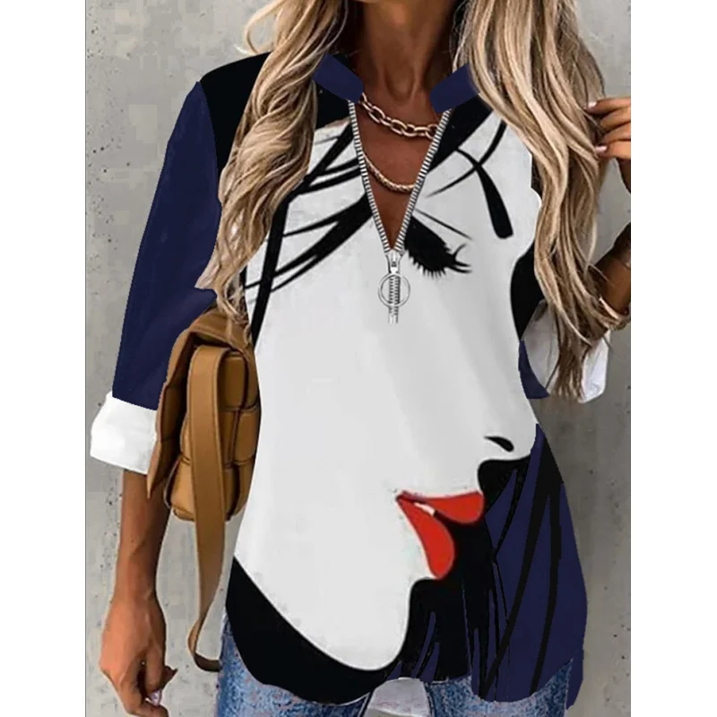 2024Fashion new Avatar print zipped stand collar long sleeve fashion casual shirt for women