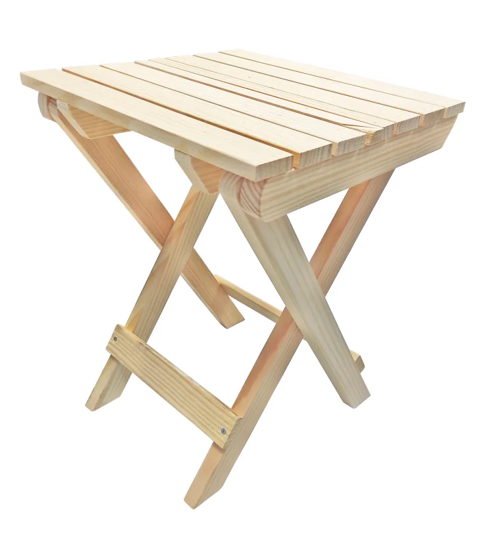 Tradineur wooden folding stool with footrest, untreated auxiliary garden table, balcony, terrace, camping, picnic,