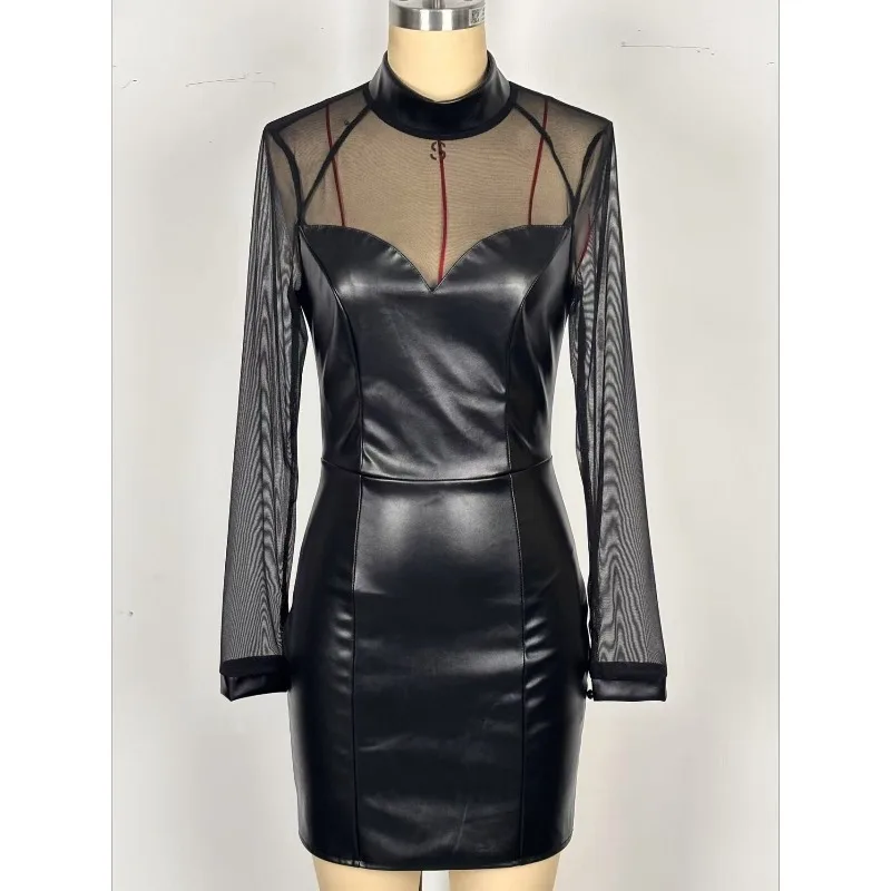 

Women'S Nightclub Sexy Spicy Black Leather Party Tight Dress Splice Mesh Sheer A-Line Hip Mini Dress Long Sleeve O Neck Punk Y2K