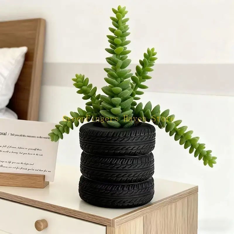 F68D Multipurpose Small Tire Planter User Friendly Desk Ornament Resin Texture for Small Plant Office or Outdoor Space