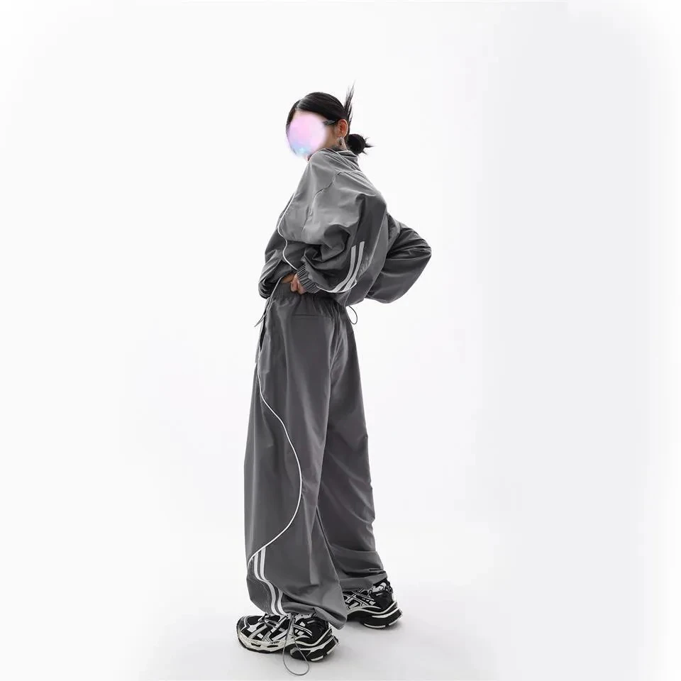 Spring Sports Two-piece Set Women High Street Grey Sport Track Jacket +Loose Sweatpants Ladies Outdoor Joggers Tracksuit Female