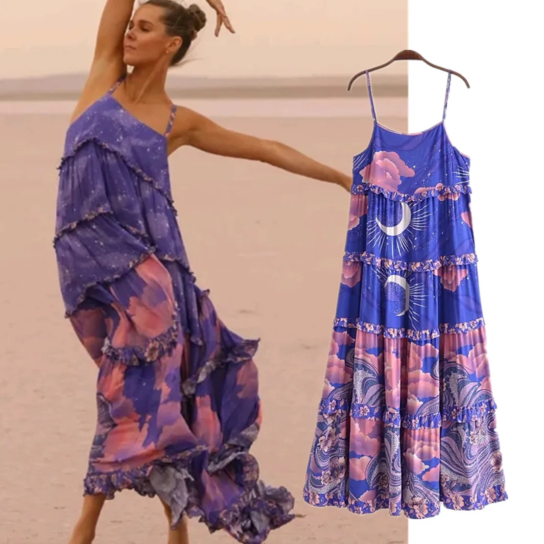 

Jenny&Dave Print Spaghetti Bohemian Style Vintage Ruffles Floral Dress Strapless Sexy Maxi Beach Dress Women