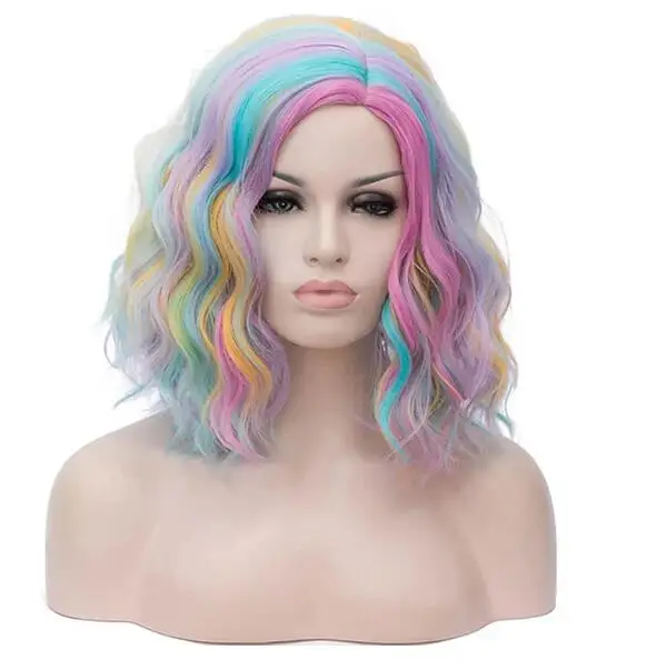 Peruca de cabelo sintético multicolorido para mulheres, preto, branco, azul, rosa, roxo, verde, Dia das Bruxas