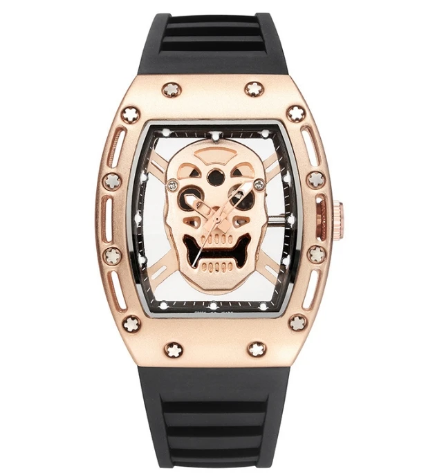 Retro Skull Hollowed Out Men\'s Watch Square Silicone Strap Quartz Watch 2024 New Business Casual Sports Watches for Man