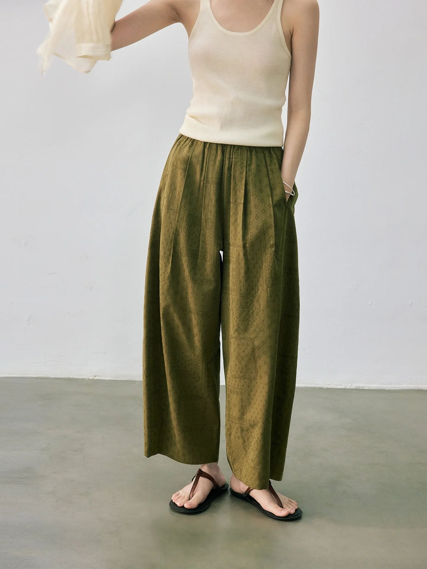 Nomumad Casual High Waist Cotton Blend Green Floral Embroidery Wide Leg Pants Summer 2026 Ladies Fashion Holiday Wear