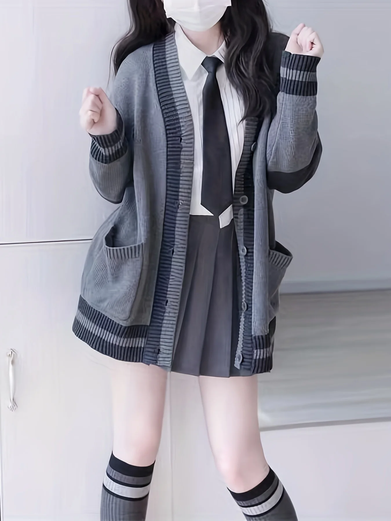 Preppy Slouchy Autumn Winter Grey Knit Cardigan Embroidered Bear Letter Cardigan Sweater Coat For Women