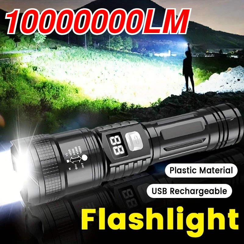 10000000LUM LED Flashlight High Power Type-C Rechargeable Torch Zoomable Light for Outdoor Camping Hiking Lamp Emergency Lantern
