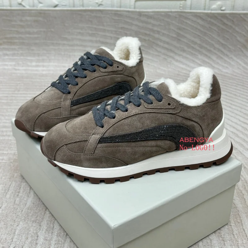Hot Sale Khaki Suede Flat Fur Loafers Shoes Woman Lace Up Holiday Platform Wool Shoes Winter Warm Walk Shoes Women Sneakers 2025