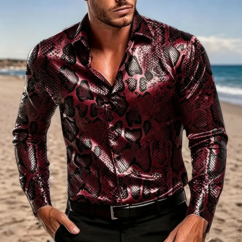 Trendy men's long sleeved shirt with personalized snake print lapel cardigan top, nightclub men's shirt for outdoor activities