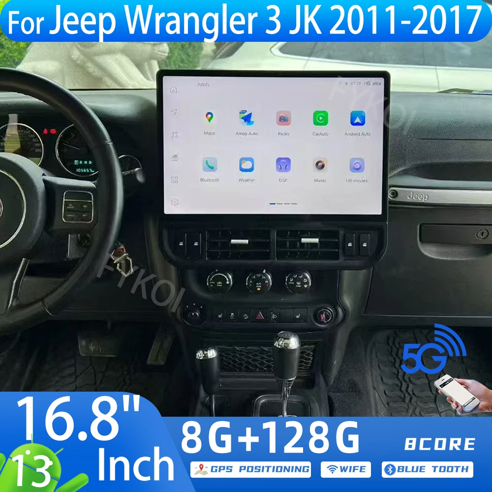 شاشة عملاقة 2K مقاس 16.8 بوصة، نظام Carplay لاسلكي، أندرويد 13، لسيارة جيب رانجلر 3 JK 2011-2017، مشغل وسائط متعددة، نظام ملاحة GPS، بلوتوث 4G، راديو FM DSP