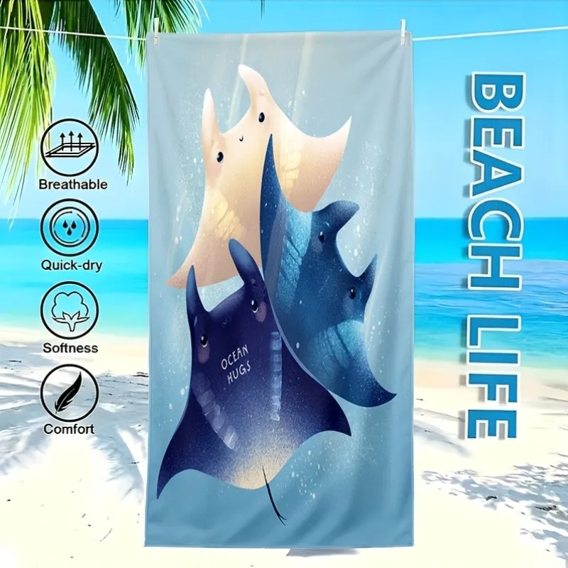 Cute Cartoon Manta Ray Ocean Print Beach Towel Multiple Sizes For Kids Ocean Park Seaside Travel Quick Dry Towel