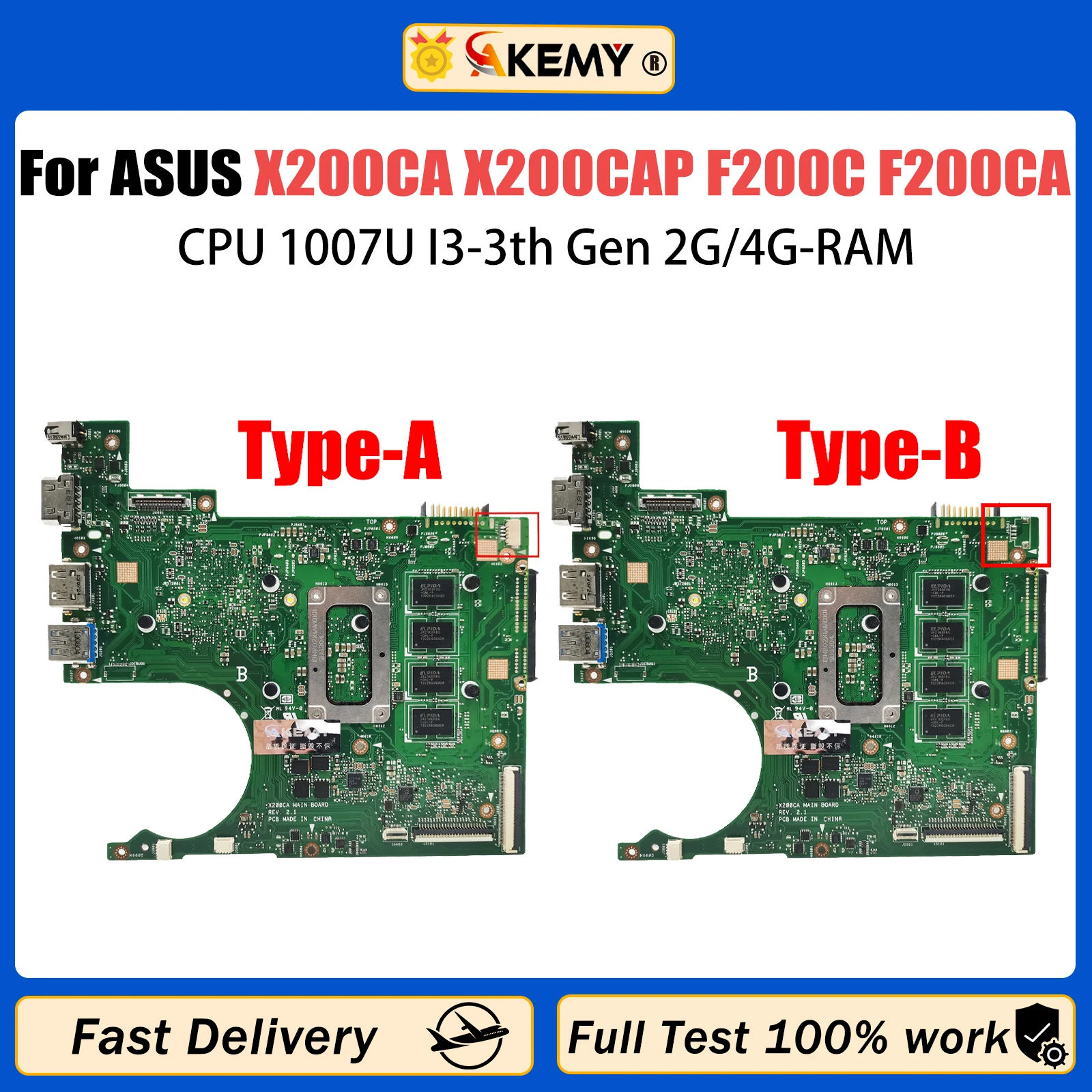 

AKEMY X200CA Материнская плата для ноутбука ASUS X200C X200CAP F200C F200CA Материнская плата с процессором 1007U I3-3th Gen 2G/4G-RAM 100% рабочая