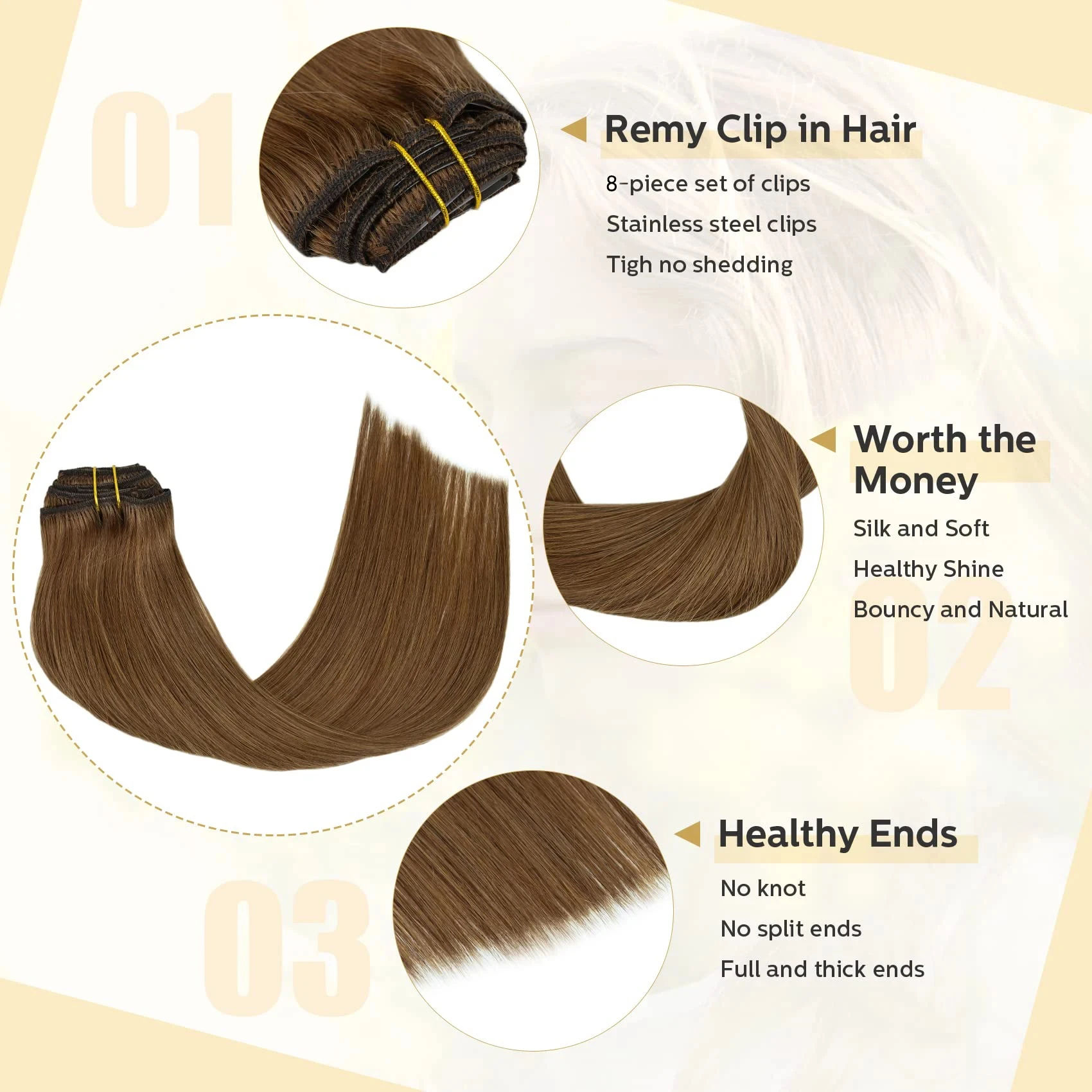 Clip em extensões de cabelo, em linha reta Natural do cabelo humano, Clip Ins, Remy Hair, cabeça cheia, castanho, 120g, 8 PCs/Set