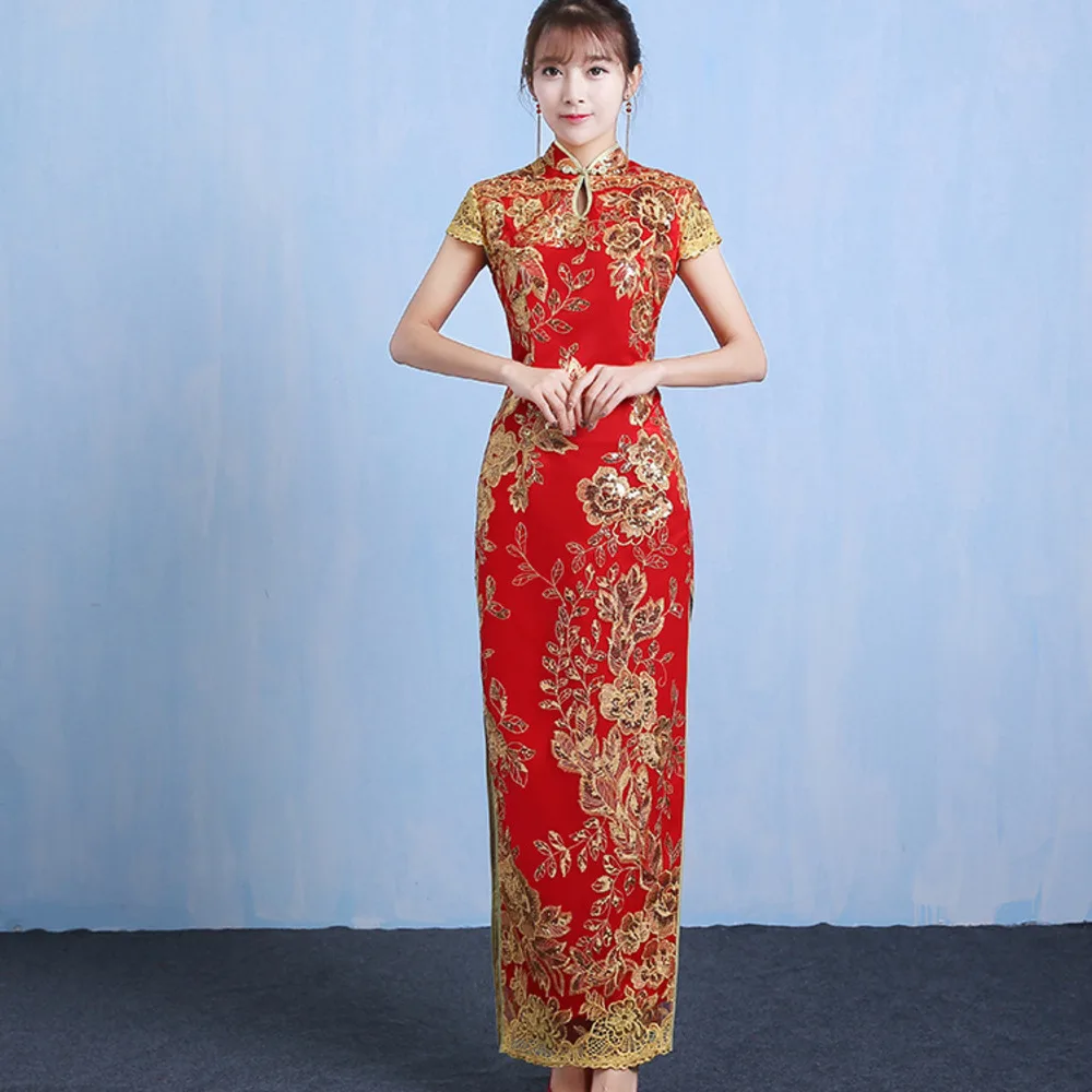 Chinese Traditional Cheongsam Embroidery Dress Embroidered Wedding Red Sequin Lace Long Qipao Party Evening Sexy Dresses