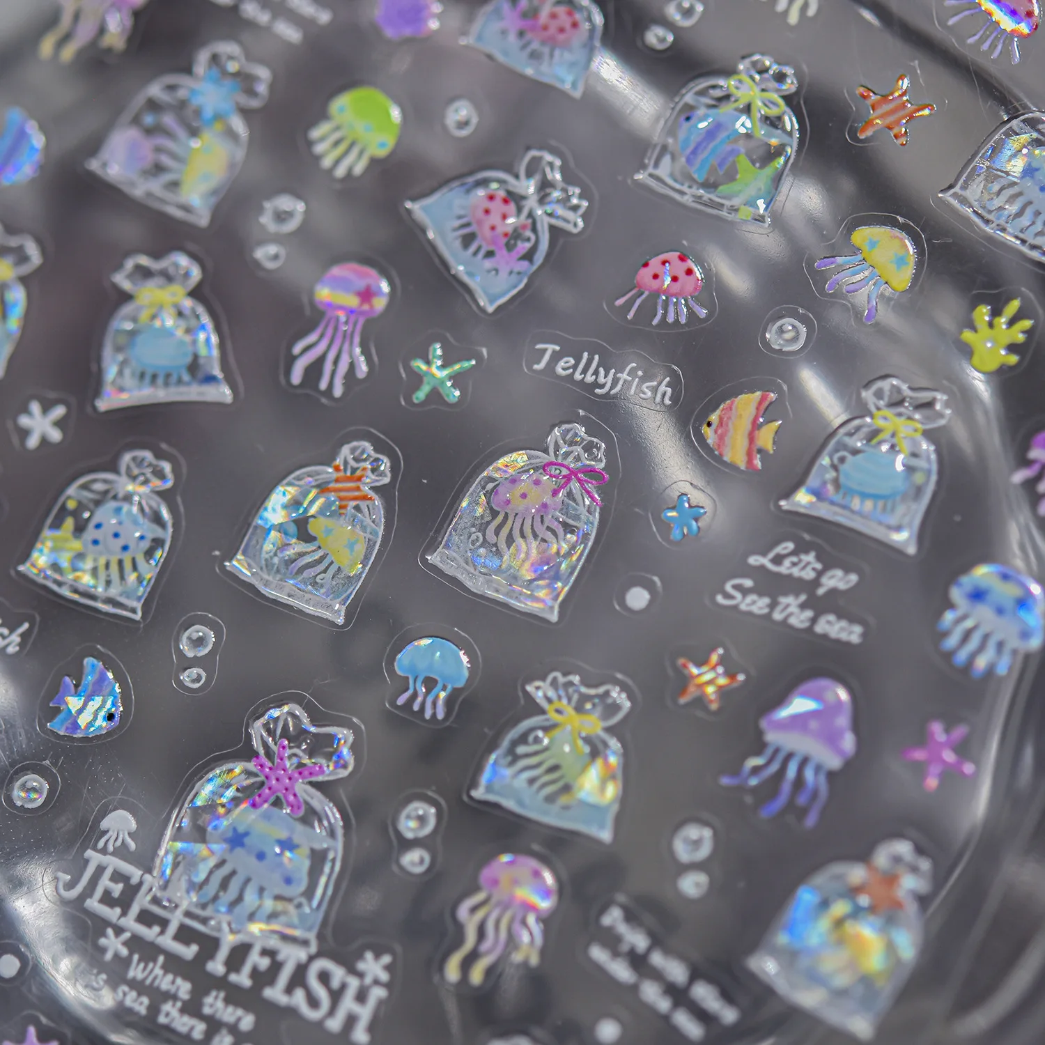 Cute Ocean Jellyfish Water Bag Bubble Angelfish Starfish Coral Summer Ocean Shell Wave Adhesive Nail 5D Stickers Manicure Decals