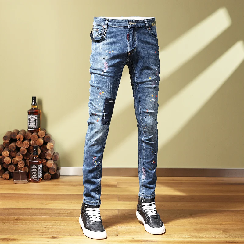 High Street Fashion Men Jeans Retro Blue Elastic Stretch Slim Fit Painted Ripped Jeans Men Spliced Designer Hip Hop Pants Hombre