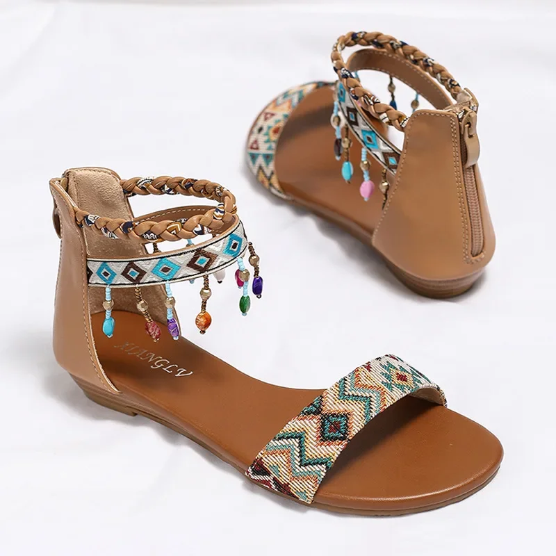 New Flat Shoes Bohemian Ethnic Style Retro Tassel Embroidery Women\'s Sandals Comfortable Beach Shoes Women\'s Slippers Large Size