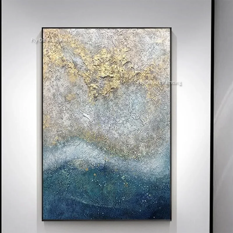 

Blue And Grey Abstract Thick Oil Painting Handmade Gold Foil Simple Wall Art On Canvas New Design Artwork For Living Room Decor