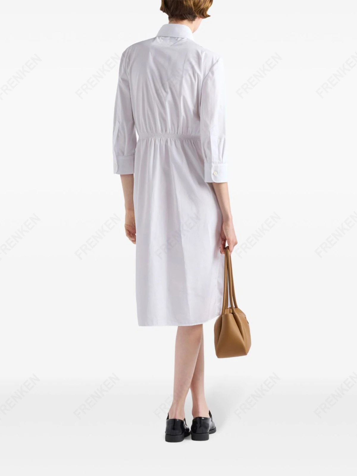 Frenken, Women's Shirt Dress, New Dress, Poplin Shirt Dress, Belt Flap Pocket Pants Button Three-Quarter Sleeve Shirt Dress, 100% Cotton White Dress, Long Skirt, Casual Women's Dress