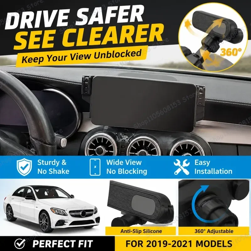 For Mercedes-Benz C-Class W205 2019–2021 For iPhone Android Universal 10.25 Inch Clip-On Car Phone Mount Stable No Vibration