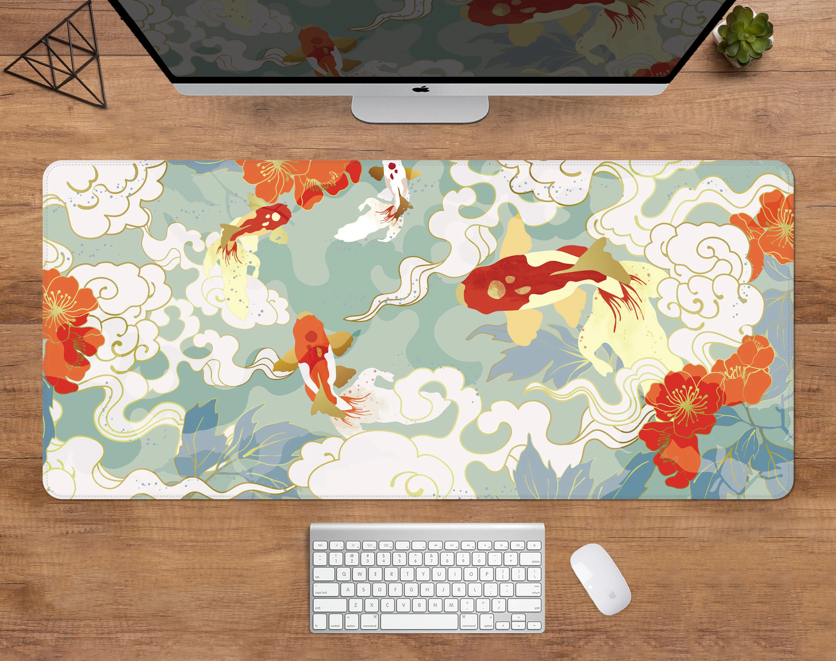 Japanese Mousepad Koi Desk mat Minimal Japan Mousepad Gold Blue Anime Aesthetics XXL Gaming Deskmat Nature Large Mouse Pad 90x40