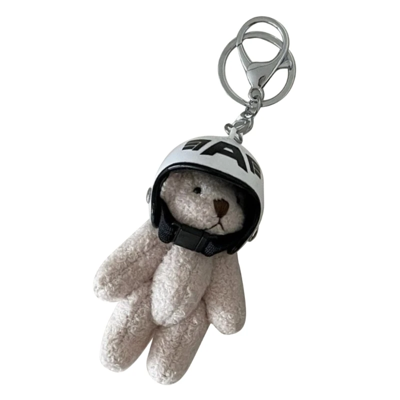 Y1UB Helmeted Bear Keychain Fashionable Plush Toy Pendant Keyring Bag Accessory Collectible Figurine Backpack Decoration