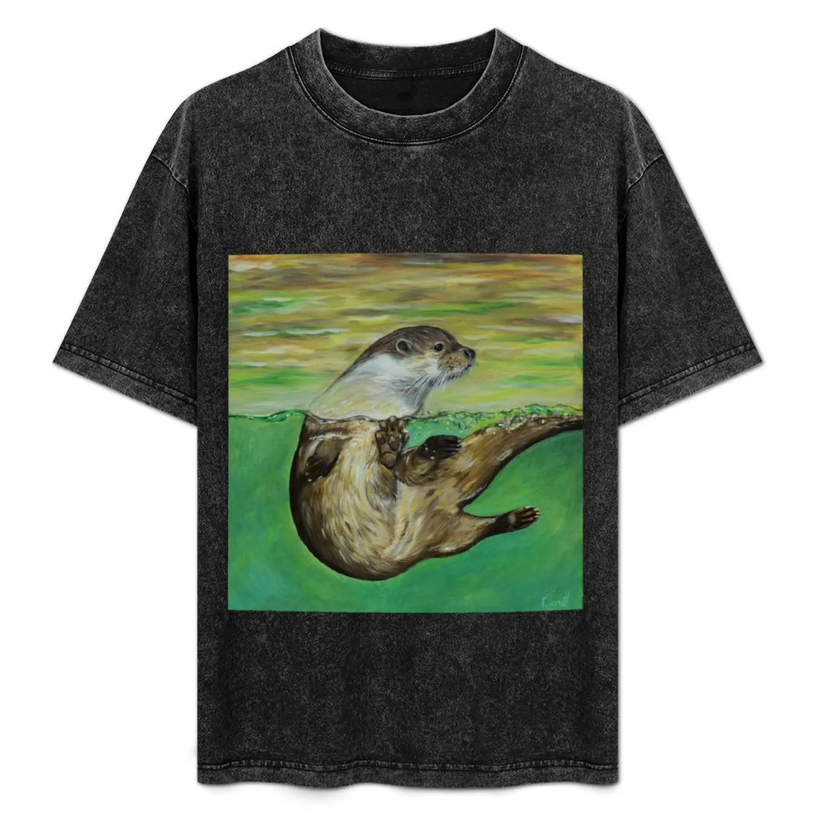 

Playful River Otter Painting T-Shirt man t shirt heavy cotton men t shirt cotton 100% T-Shirt