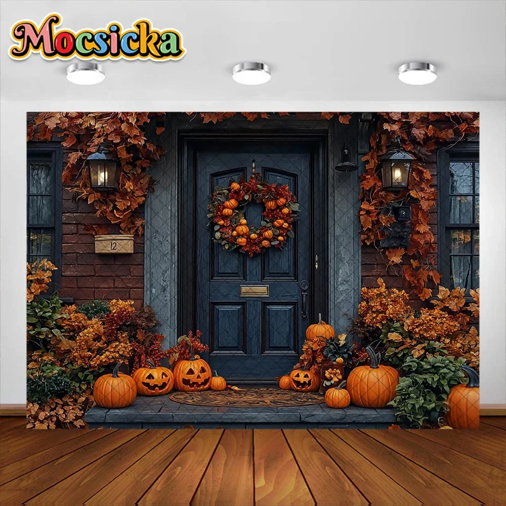 Mocsicka Photography Background Halloween Maple Leaf Pumpkin Garland Holiday Decoration Kids Party Photo Backdrop Studio Props