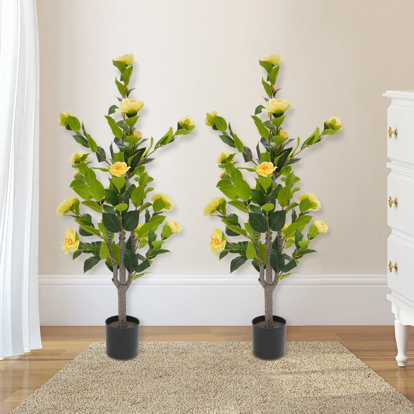 

2PCS Artificial Tea Rose Tree Lifelike PE Silk Fabric No Watering Realistic Faux Plants for Indoor Outdoor Office Wedding Decor