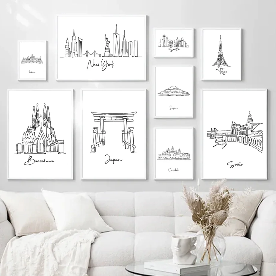Torii Gate Japan Borobudur Minimalist Line Wall Art Canvas Painting Nordic Posters And Prints Wall Picture For Living Room De